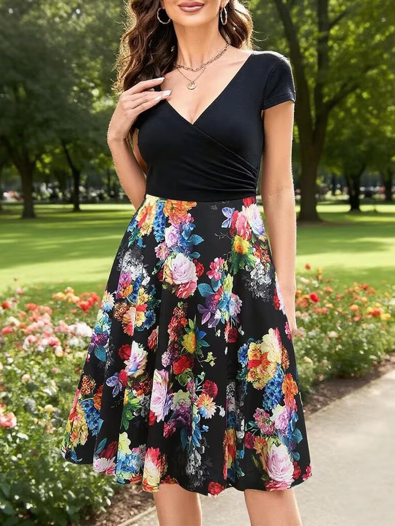 oxiuly Women's V-Neck Cap Sleeve Floral Casual Work Stretch Swing Dress OX233 (M, Black Rose) - Image 5